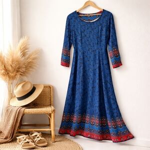 Reborn Boho Maxi Dress Blue Red Print Long Sleeve XL Flowy Resort 23ptp
